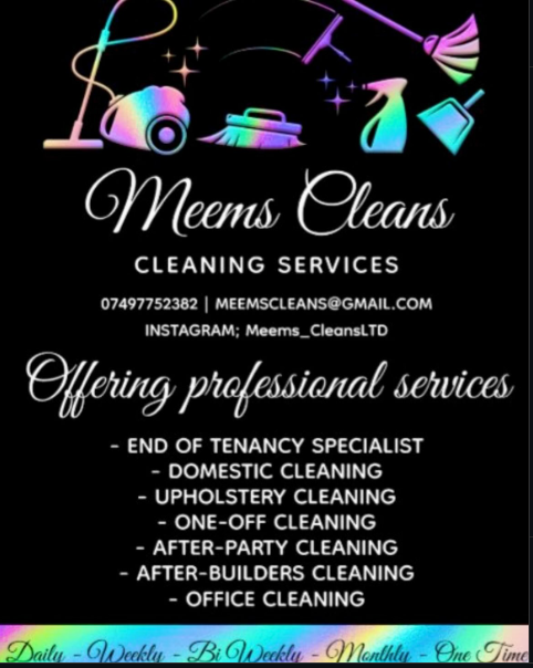 Meems Cleans services poster listing cleaning services and contact details