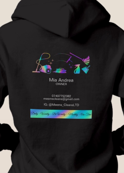 Meems Cleans hoodie back with owner name and contact details
