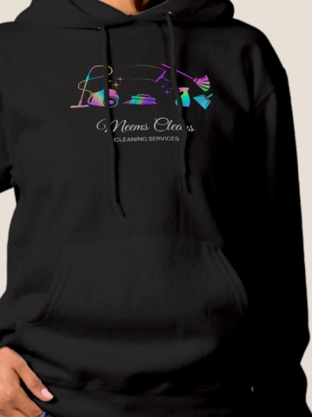 Meems Cleans branded hoodie front with holographic logo